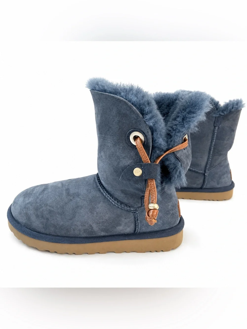 UGG Blue Sheepskin Boots With Leather & Bead Accents
